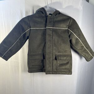 Gymboree Boys Sherpa Lined Hooded Coat XS 3/4 Green Faux Suede Winter Jacket